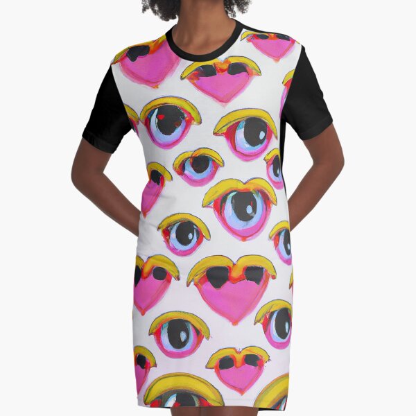 Eyes and Hearts Wearing Red Sunglasses Pattern Graphic T-Shirt Dress