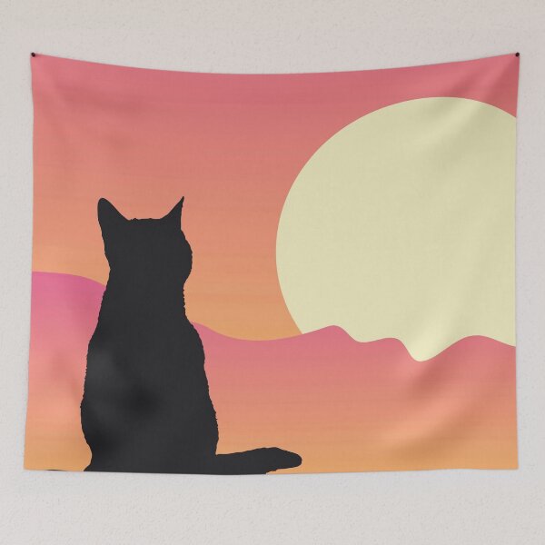 Item preview, cat watching pink sunset scene designed and sold by GrizzlyMountain.