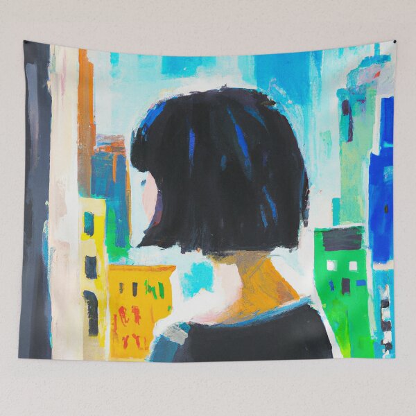 Item preview, Girl With Bob Haircut Looking Out Window-Cityview designed and sold by ArtfulStoriesIG.