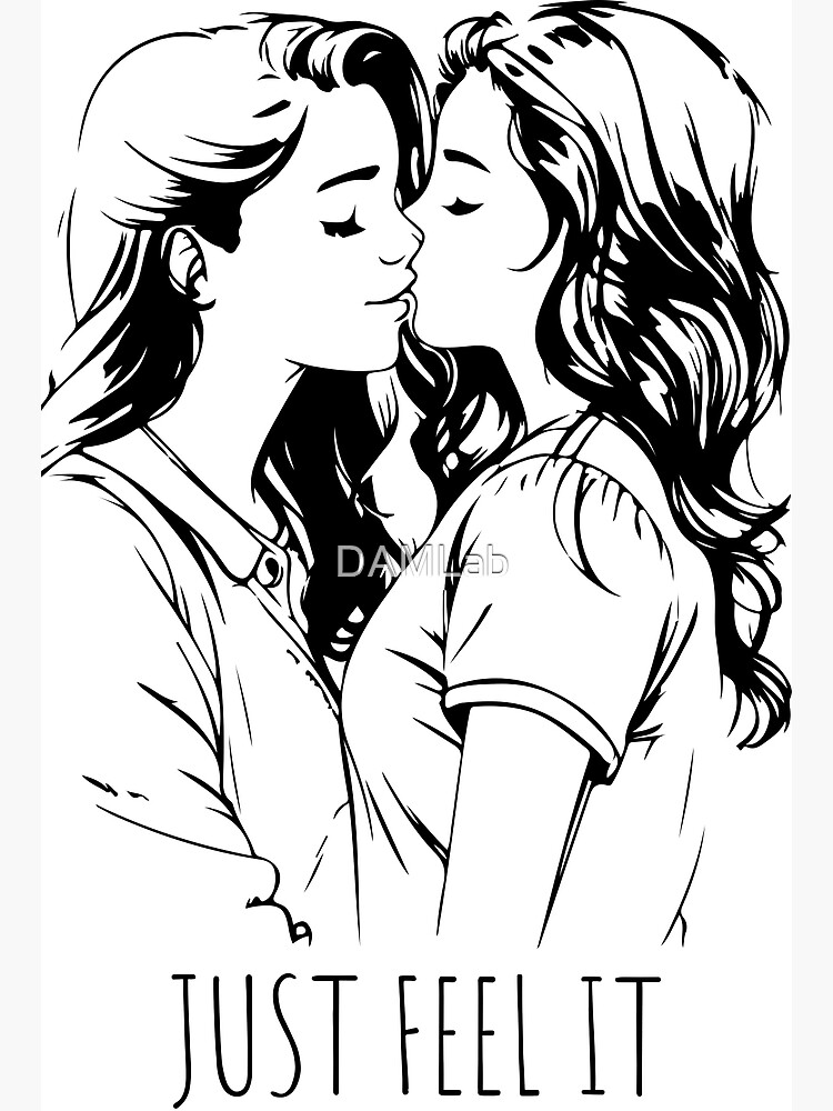 Disover girls kissing with love, black and white, black lines Premium Matte Vertical Poster