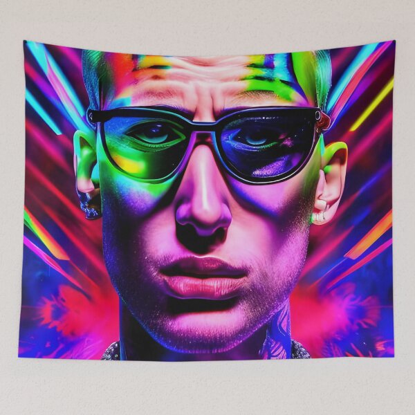 Item preview, Cool man with tattoos and glasses in hologram style - rainbow colors designed and sold by Dalive.