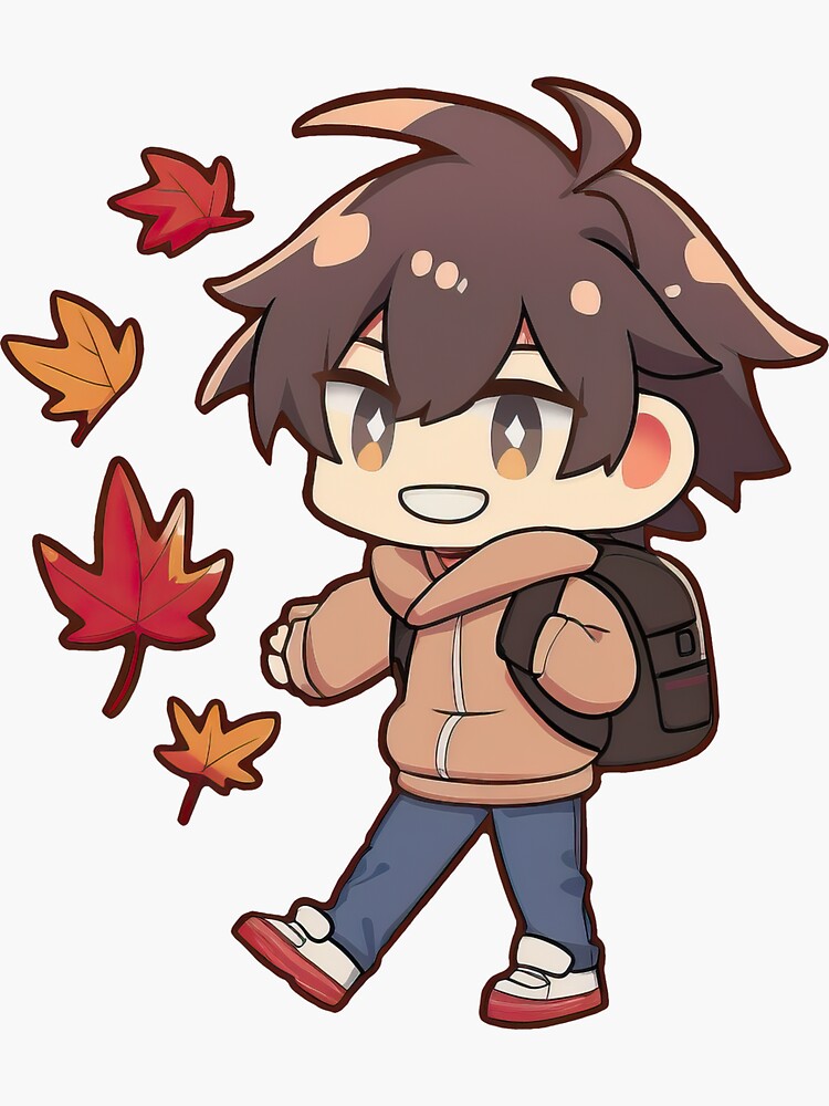 Chico anime de otoño con hojas y Pegatina