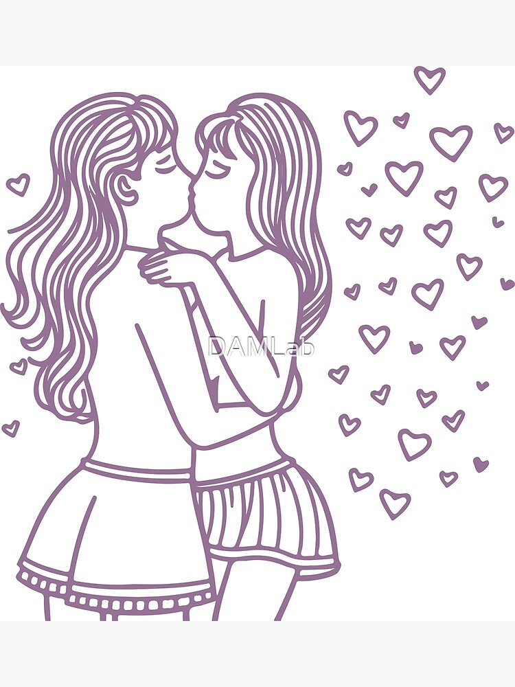 Discover Girls kissing with love on Valentine's Day, in purple lines Premium Matte Vertical Poster