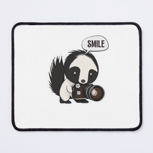 Item preview, Skunk Say Smile Funny Cute Photographer Black on White Holding Camera designed and sold by InkMeister.