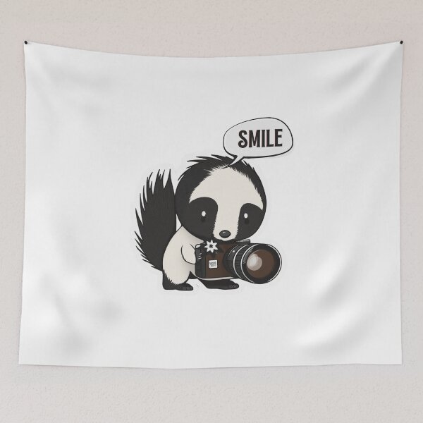 Item preview, Skunk Say Smile Funny Cute Photographer Black on White Holding Camera designed and sold by InkMeister.