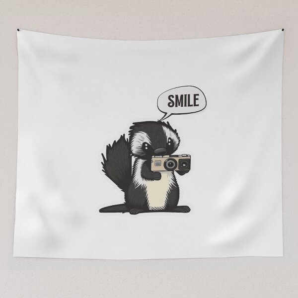 Item preview, Skunk Say Smile Funny Cute Photographer Black on White Holding Camera designed and sold by InkMeister.