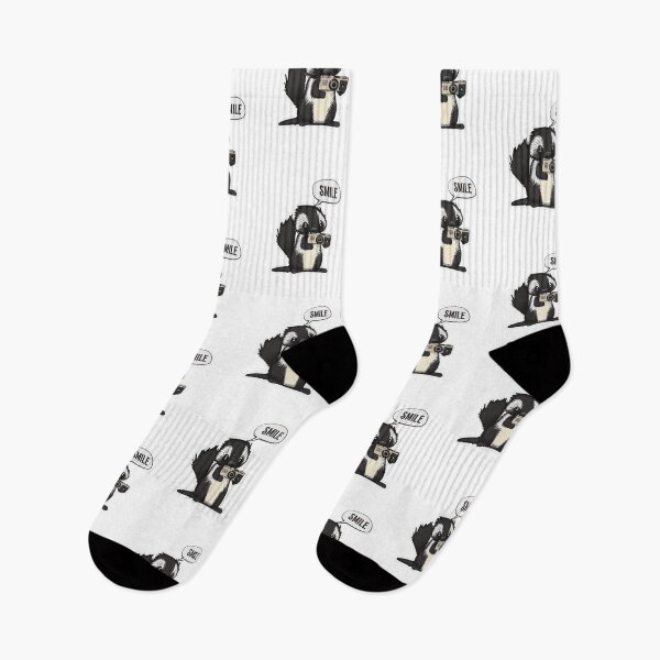 Item preview, Skunk Say Smile Funny Cute Photographer Black on White Holding Camera designed and sold by InkMeister.