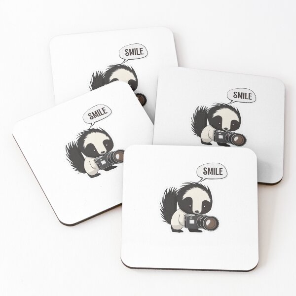 Item preview, Skunk Say Smile Funny Cute Photographer Black on White Holding Camera designed and sold by InkMeister.