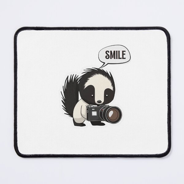 Item preview, Skunk Say Smile Funny Cute Photographer Black on White Holding Camera designed and sold by InkMeister.