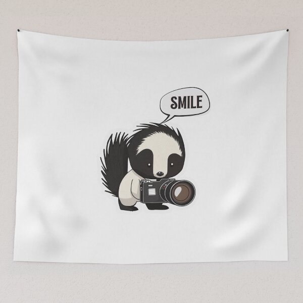 Item preview, Skunk Say Smile Funny Cute Photographer Black on White Holding Camera designed and sold by InkMeister.