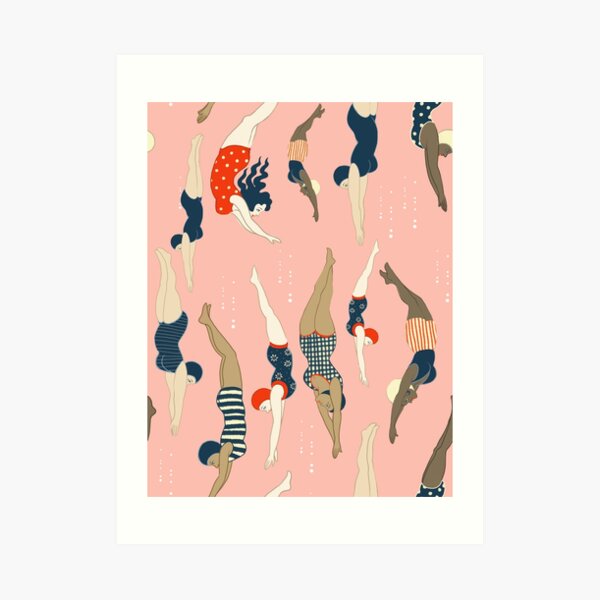 Diving ladies from a vintage era repeat pattern design. Lovely rose background Art Print