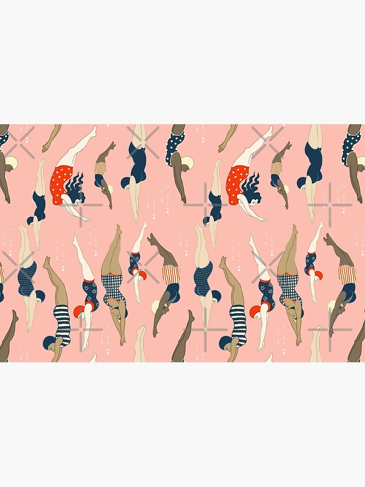 Thumbnail 4 of 4, Zipper Pouch, Diving ladies from a vintage era repeat pattern design. Lovely rose background designed and sold by Ceci Tattoos.