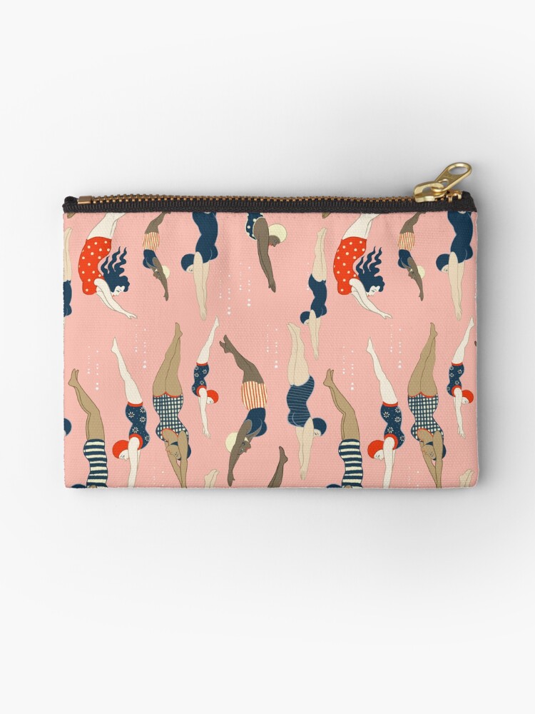 Thumbnail 1 of 4, Zipper Pouch, Diving ladies from a vintage era repeat pattern design. Lovely rose background designed and sold by Ceci Tattoos.