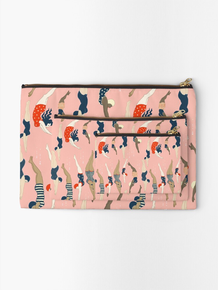 Thumbnail 2 of 4, Zipper Pouch, Diving ladies from a vintage era repeat pattern design. Lovely rose background designed and sold by Ceci Tattoos.