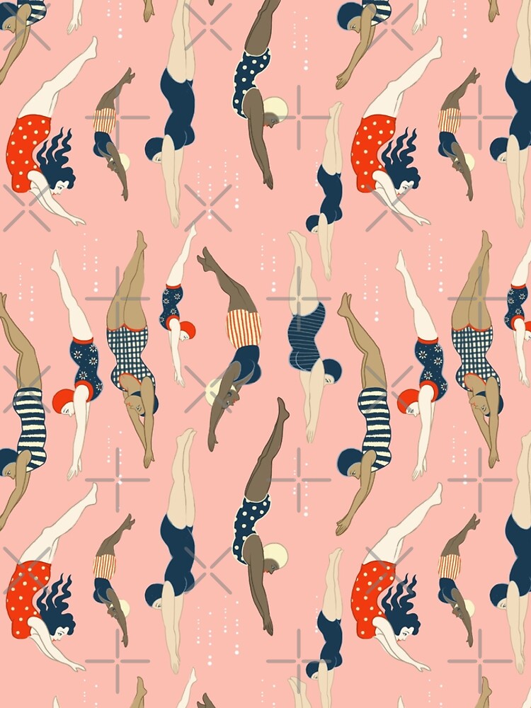 Disover Diving ladies from a vintage era repeat pattern design. Lovely rose background  Leggings