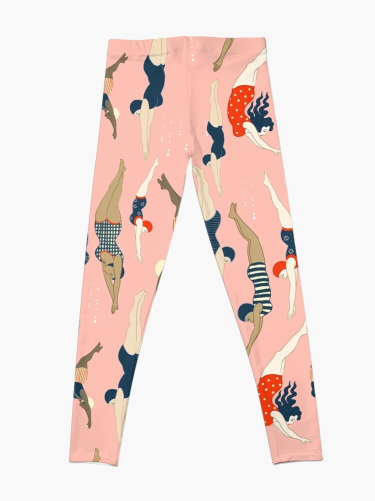 Discover Diving ladies from a vintage era repeat pattern design. Lovely rose background  Leggings