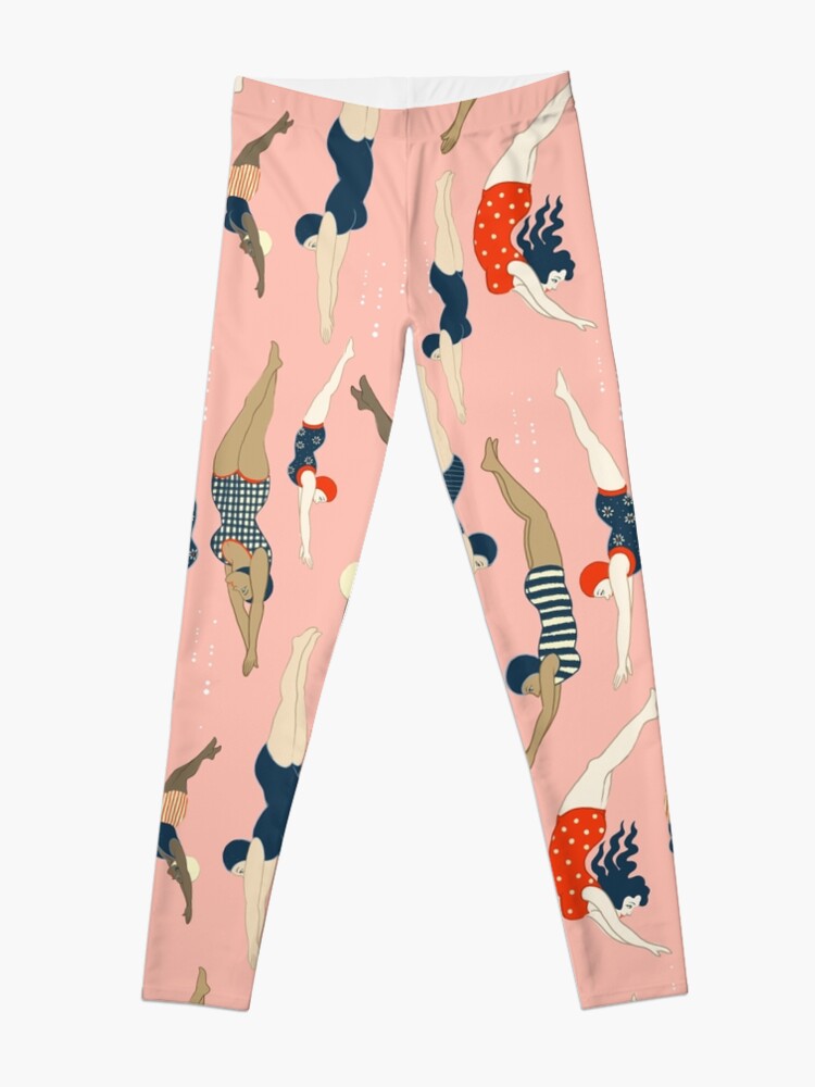 Discover Diving ladies from a vintage era repeat pattern design. Lovely rose background  Leggings