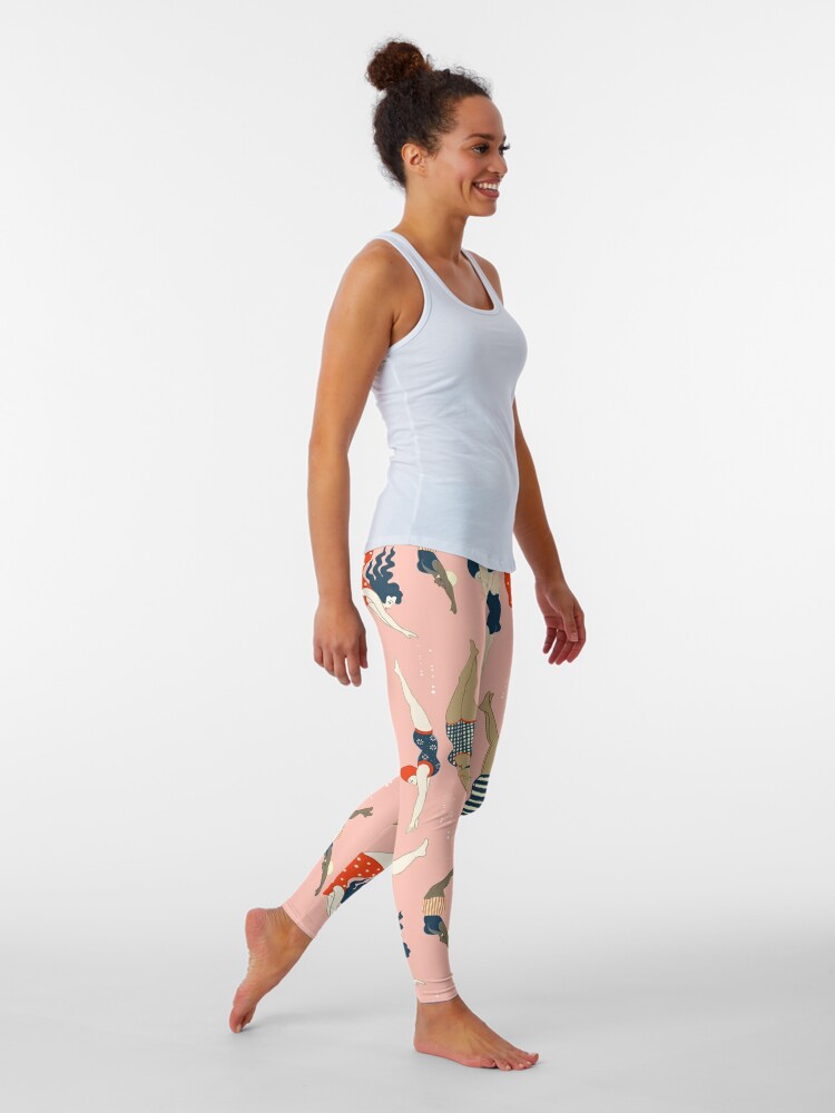 Disover Diving ladies from a vintage era repeat pattern design. Lovely rose background  Leggings