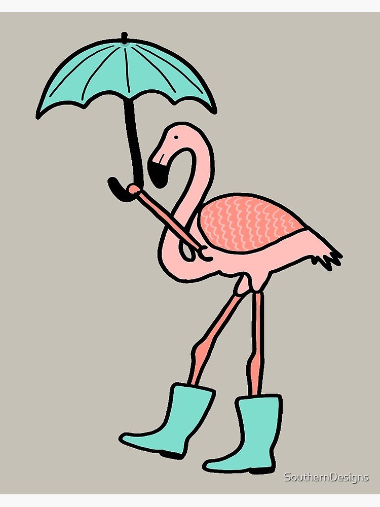 Lámina rígida «Flamingo sosteniendo paraguas y botas de de | Redbubble