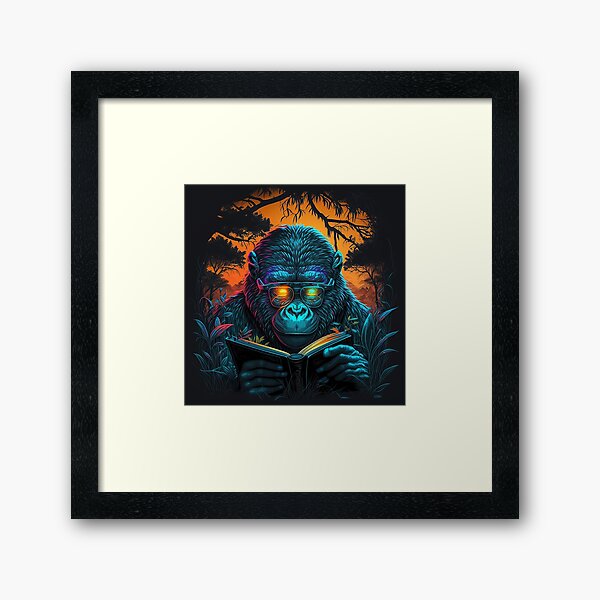 Vista previa del artículo con la obra «Gorila leyendo estilo retro Gorila de montaña», diseñado y vendido por Brockinator.
