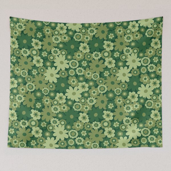 Item preview, Green 60s retro flower power, retro green, pink, mustard yellow, 60s groovy pattern, hippie flowers designed and sold by blomastudios.
