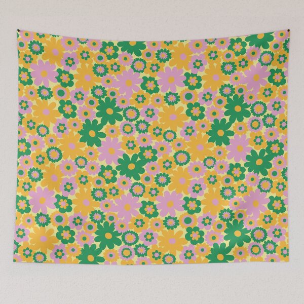 Item preview, 60s retro flower power, retro green, orange, pink, 60s groovy pattern, hippie flowers designed and sold by blomastudios.