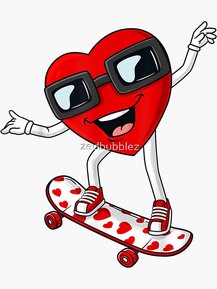 Valentines Day Heart Riding Skateboard Boys Kids Teen Skater T-Shirt |  Sticker