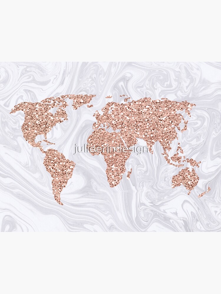 "Rose Gold Glitter World Map on White Marble" Poster by julieerindesign