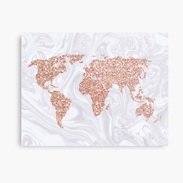 Rose Gold Glitter World Map on White Marble Metal Print