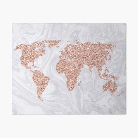 Rose Gold Glitter World Map on White Marble Art Board Print