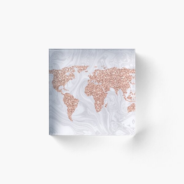 Rose Gold Glitter World Map on White Marble Acrylic Block