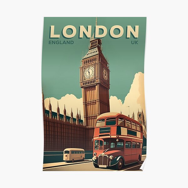 London England Vintage Travel Poster Big Ben Tower Retro Poster