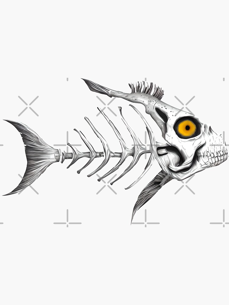 skeleton fish orange eye black white drawing animal fish Sticker
