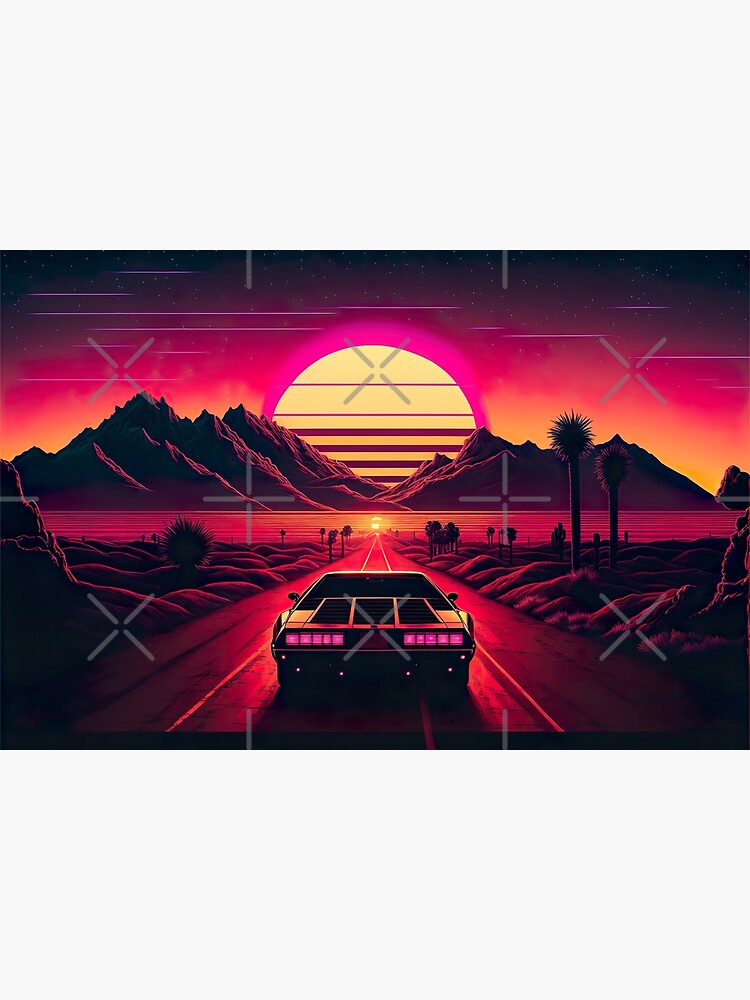 Retro-Futuristic Car Driving Through City Towards Synthwave Sun  Throw  Pillow for Sale by Nightarcade