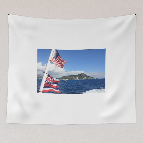 Item preview, Hawaii and USA Flag with Waikiki Diamond Head aloha designed and sold by alohagiftbox.