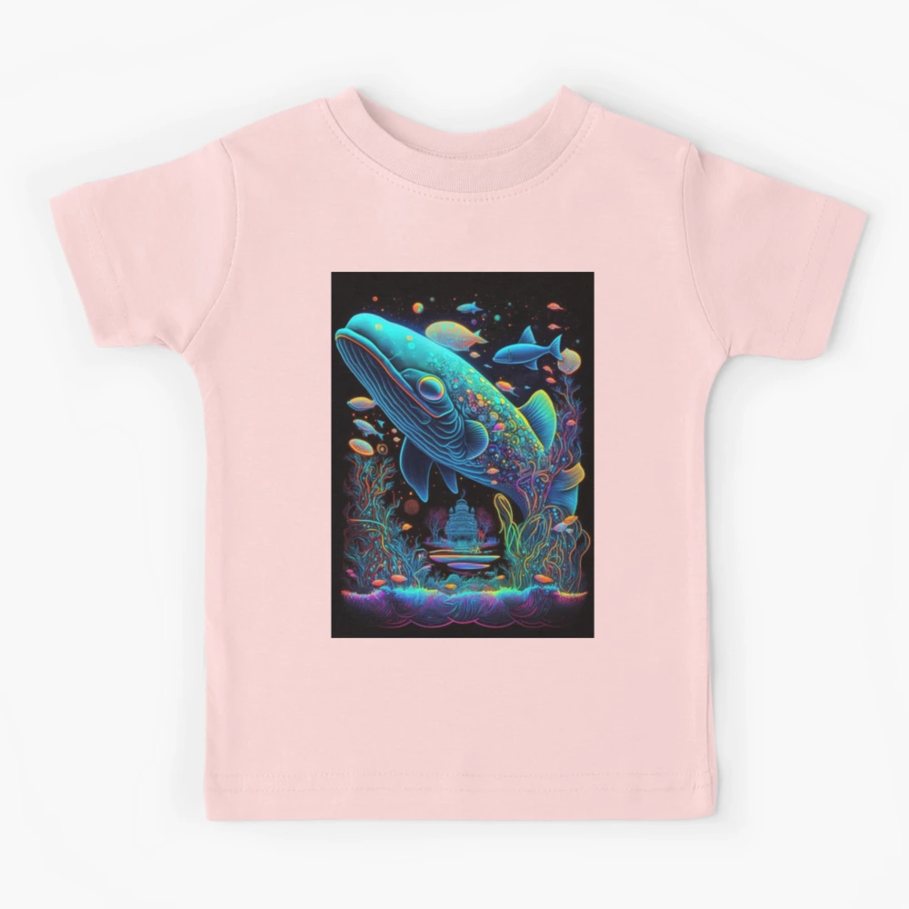 Bright neon surreal whale, space environment, glowing fish, neon