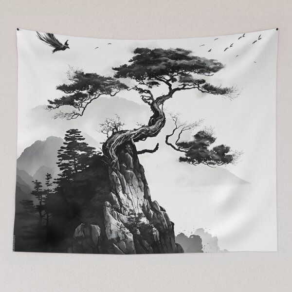 Item preview, Silent Solitude: A Lone Tree on a High Cliff with Birds Fluttering in the Distance designed and sold by Digital-Dreamer.