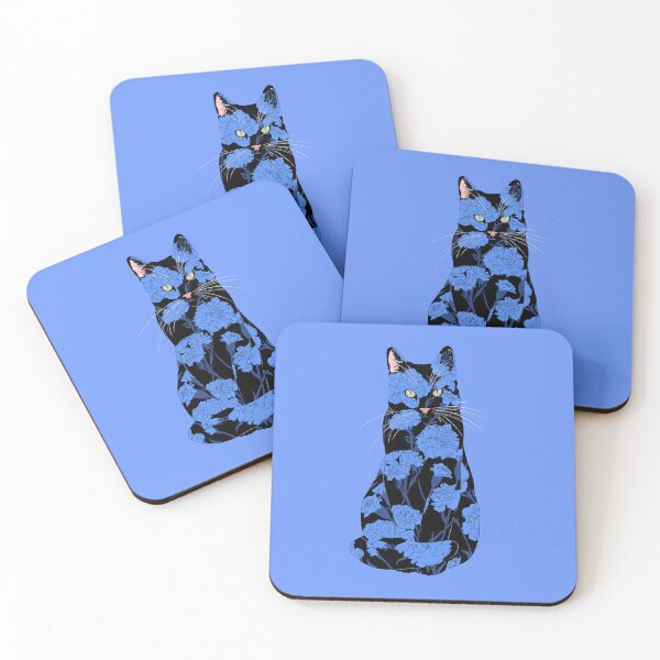 Item preview, Black Carnation Cat - Blue Florals designed and sold by ECMazur Art.