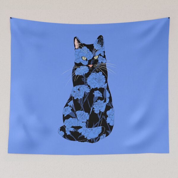 Item preview, Black Carnation Cat - Blue Florals designed and sold by ECMazur Art.
