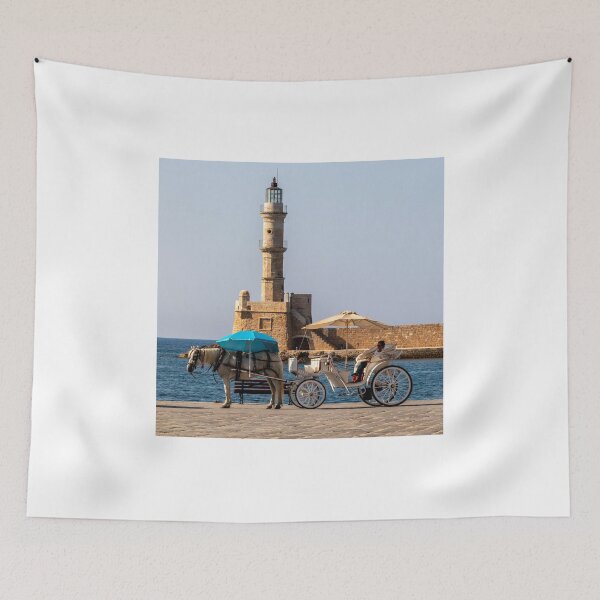 Item preview, Horse and carriage with lighhouse in the background, Chania, Crete, Greece designed and sold by Kevin Hellon.