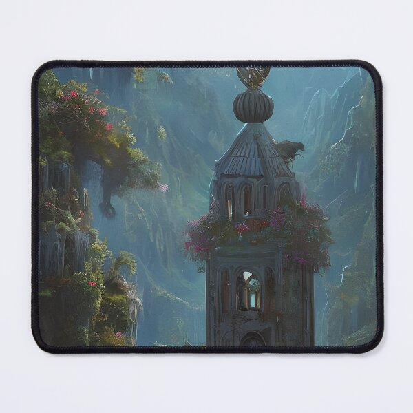 Item preview, Surreal Magical Tower in Beautiful Landscape with Birds, and Trees by the Mountains designed and sold by Ataraxia Apparel.