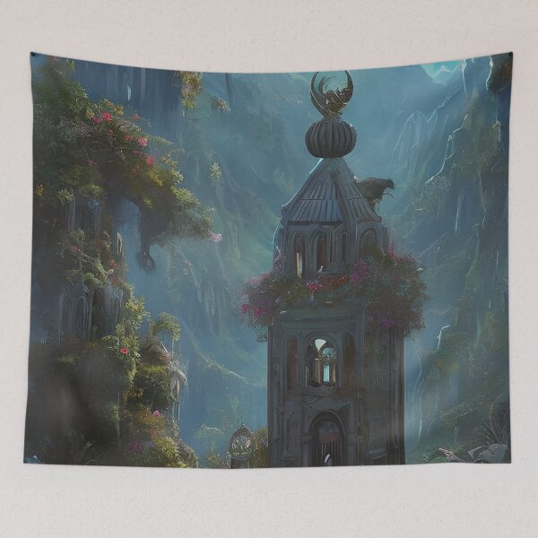 Item preview, Surreal Magical Tower in Beautiful Landscape with Birds, and Trees by the Mountains  designed and sold by Ataraxia  Apparel.
