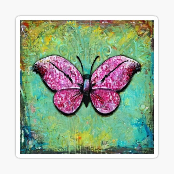 Pink Butterfly Green Yellow Background - Grunge Style Sticker