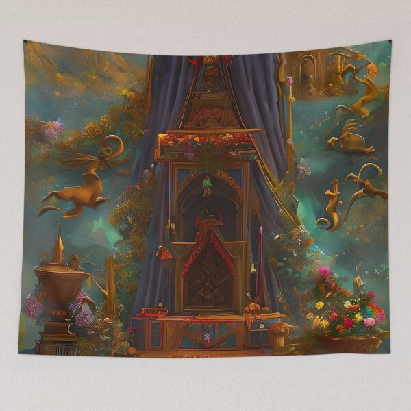 Item preview, Surreal Magical Alter and Tower in Beautiful Landscape with Birds, and Flowers by the Mountains designed and sold by Ataraxia  Apparel.