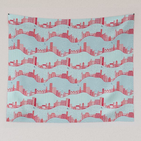 Item preview, Red and Blue Cityscape Line Art Pattern designed and sold by BluebellPainter.