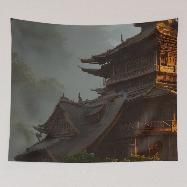 Item preview, Surreal Magical Asian Tower in Beautiful Landscape and Trees by the Mountains  designed and sold by Ataraxia  Apparel.