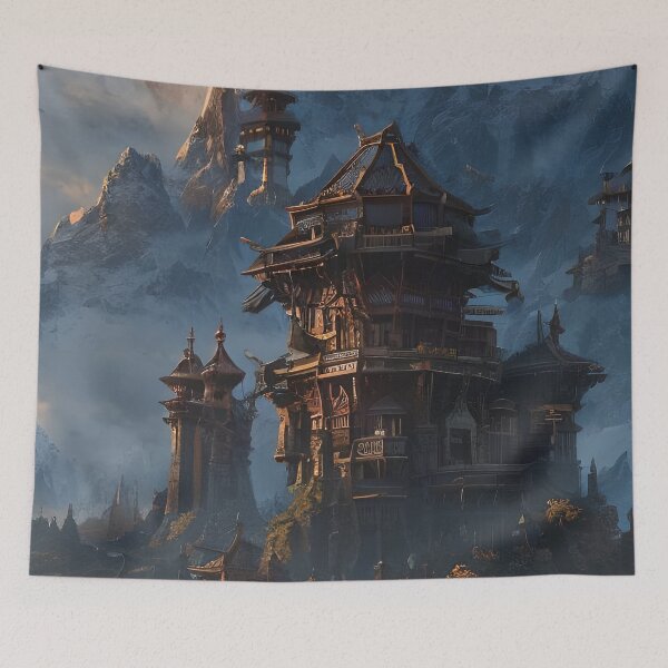 Item preview, Surreal Magical Asian Tower in Beautiful Landscape and Trees by the Mountains  designed and sold by Ataraxia  Apparel.