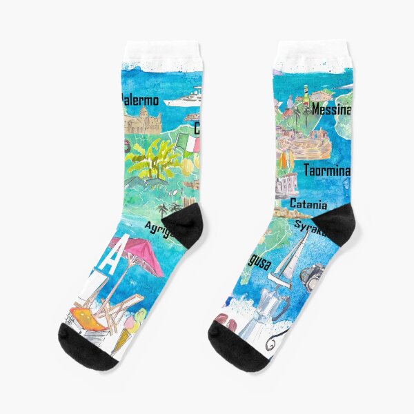Sicily Italy Illustrated Travel Map with Roads and Tourist Highlights Socks