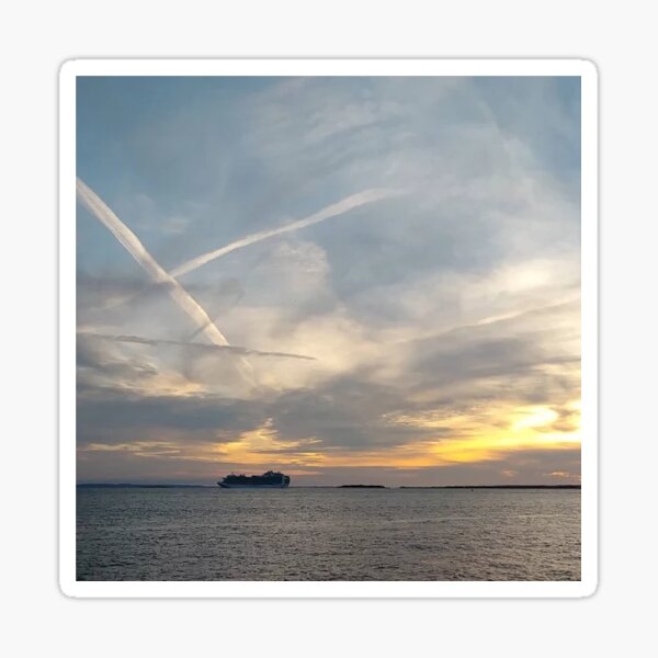 View of the Sea Bay with a Ship just before Sunset Sticker