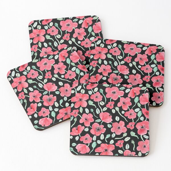 Item preview, Red Poppy Floral Black background designed and sold by Lozzie Eliza Designs.